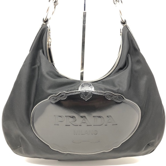 Prada "Nero" Black Nylon Patent Leather Hobo Bag - Picture 2 of 13